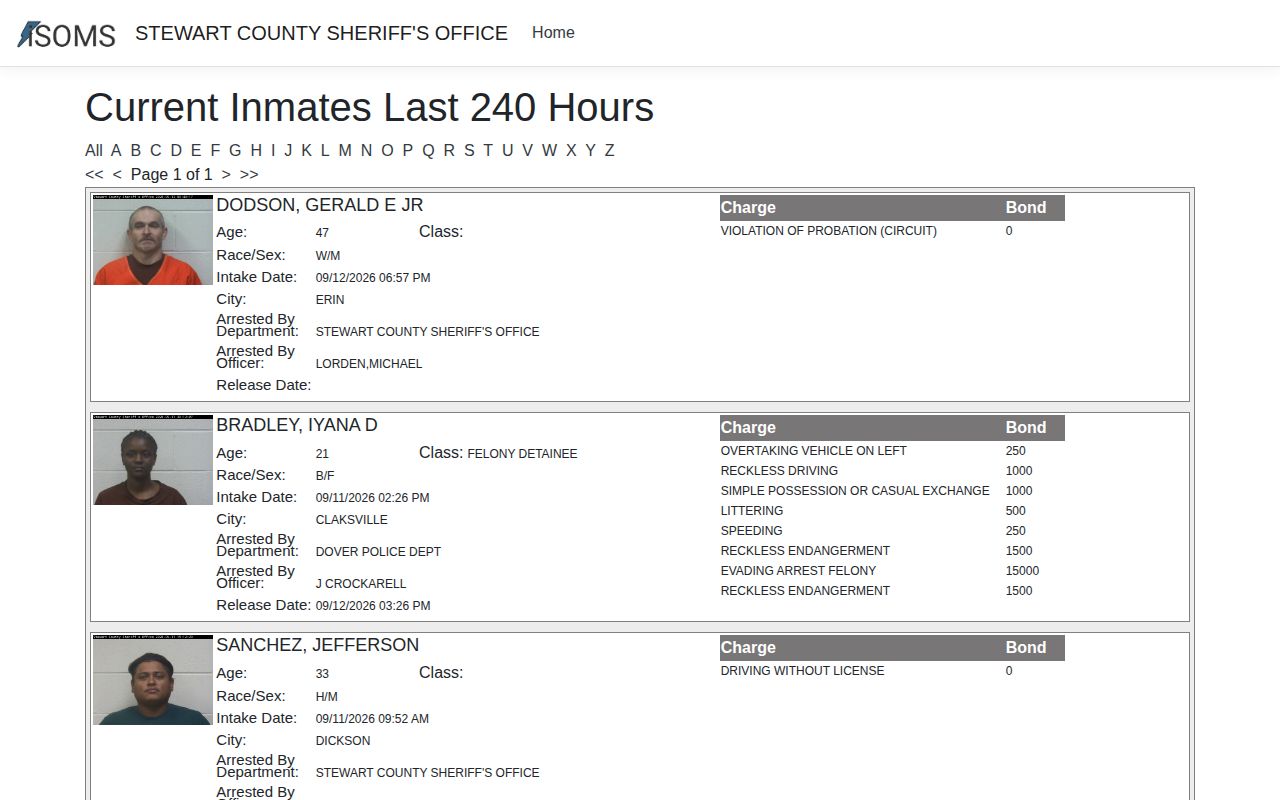 Stewart County weekly arrest log rolling 240-hour view