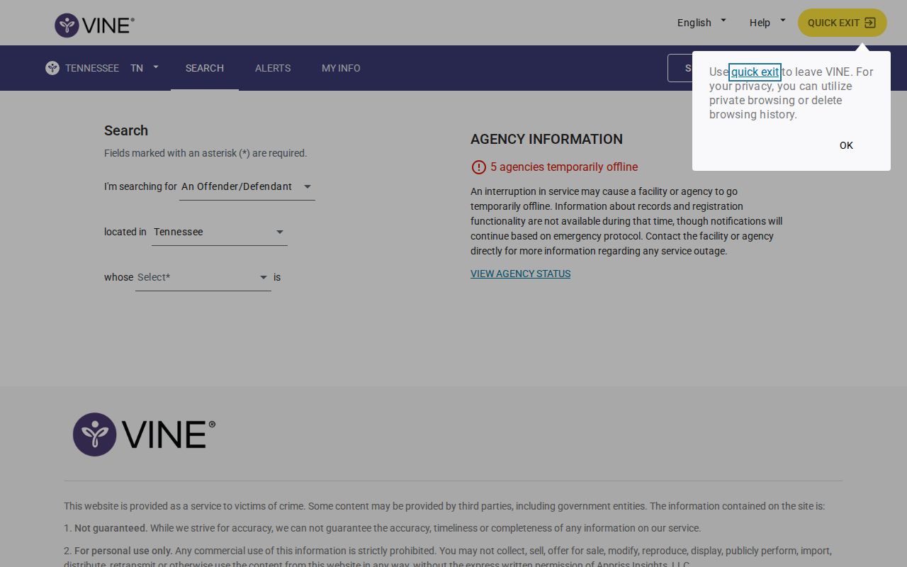 VINELink inmate check interface for Stewart County Tennessee